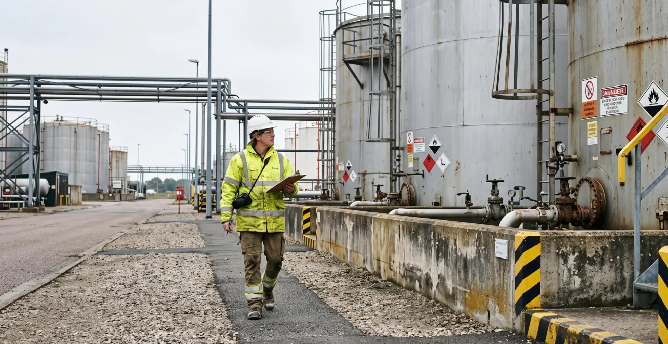 Un expert en risque inspecte des cuves de stockage chimique sur un site industriel.